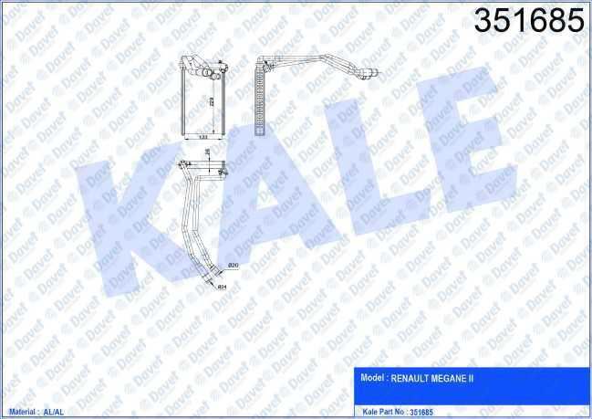 KALE 351685 Kalorifer Radyatoru Renault Megane Ii 1.4/1.6/2.0 16v 1.5/1.9/2.0dci 03>08 / 08>10 (K4j.7.32) (Borulu) [Brazing Al/Al] [229x133x26]